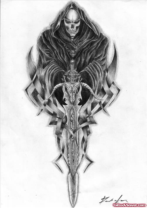 Crazy Grey Ink Grim Reaper Tattoos Designs