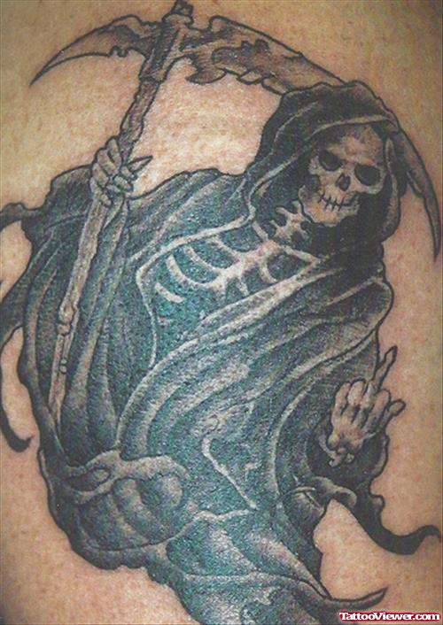Awesome Black Ink Grim Reaper Tattoo For Men