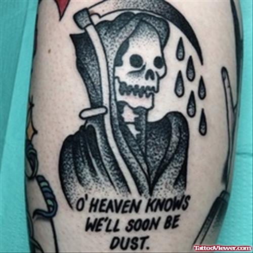 Black Ink Grim Reaper Tattoo On Left Bicep