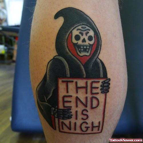 Black Ink Grim Reaper Tattoo On Arm