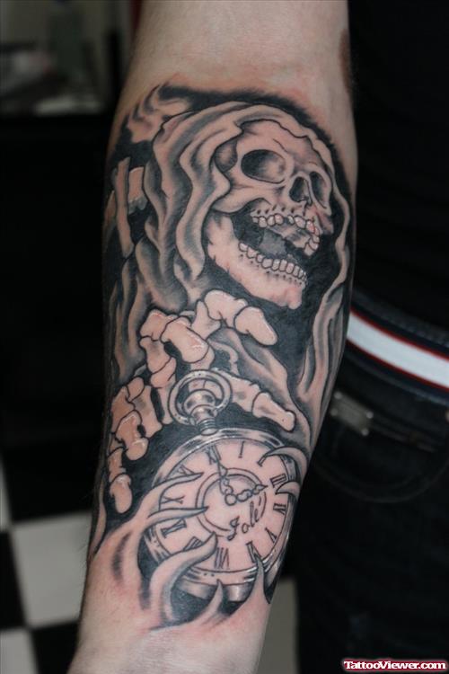 Best Grey Ink Grim Reaper Tattoo On Right Arm