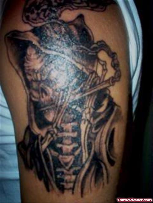 Awful Left Half Sleeve Grim Reaper Tattoo