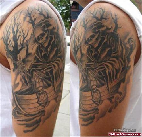 Amazing Grey Ink Grim Reaper Tattoo On Left Half Sleeve
