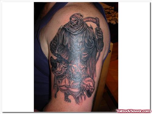 Scary Grim Reaper Tattoo On Left Half Sleeve