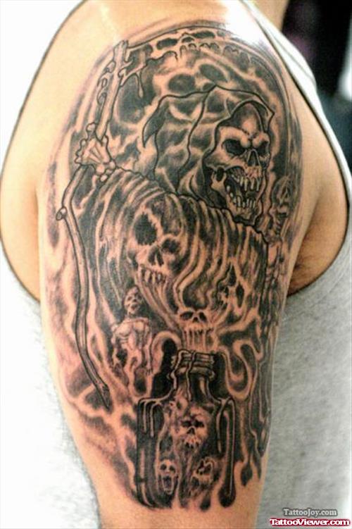 Right Half Sleeve Grim Reaper Tattoo For Men