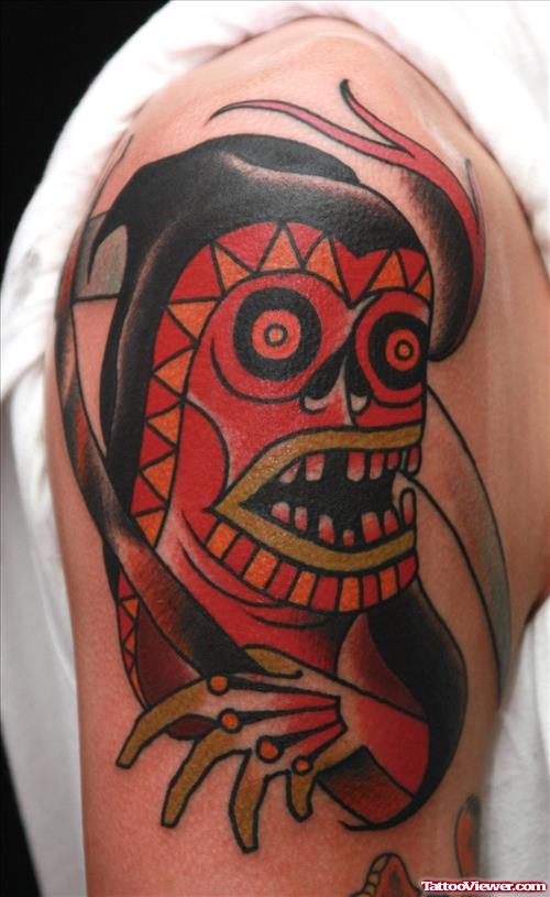 Red Ink Grim Reaper Tattoo On Half Sleeve