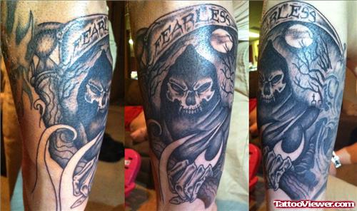 Inspiring Grey Ink Grim Reaper Tattoo On Sleeve