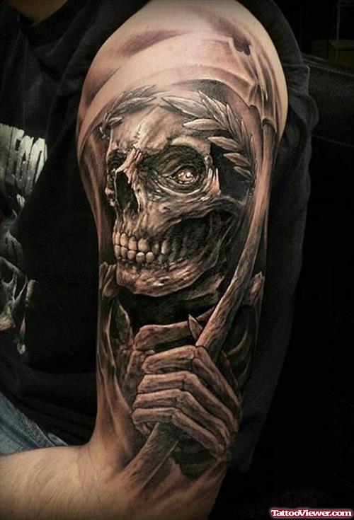 Grey Ink Skull Grim Reaper Tattoo On Left Half Sleeve