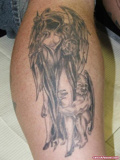 Grey Ink Grim Reaper Tattoo On Right Leg