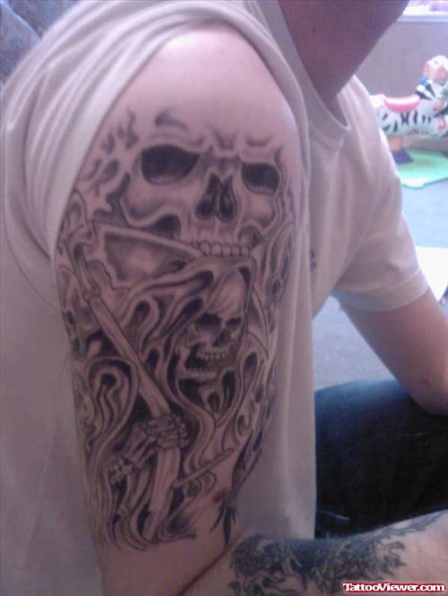 Grey Ink Grim Reaper Tattoo On Right Half Sleeve For Men