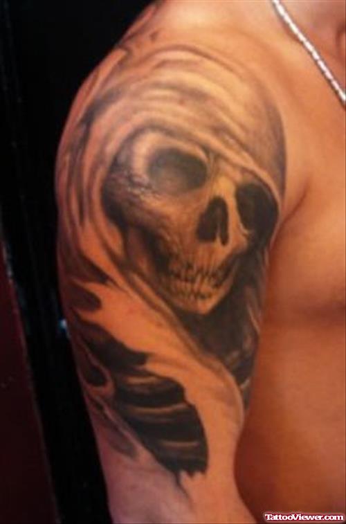 Grey Ink Grim Reaper Skull Tattoo On Right Half Sleeve