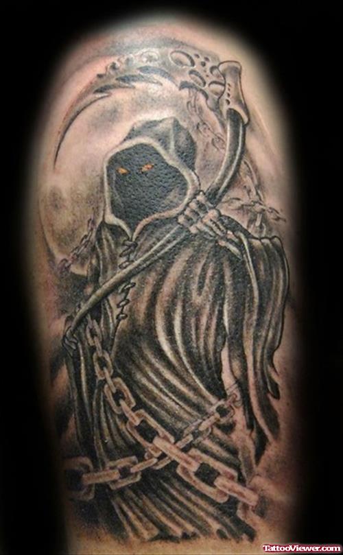Fine Grey Ink Grim Reaper Tattoo Design