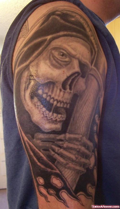 Fantastic Grey Ink Grim Reaper Tattoo On Right Sleeve
