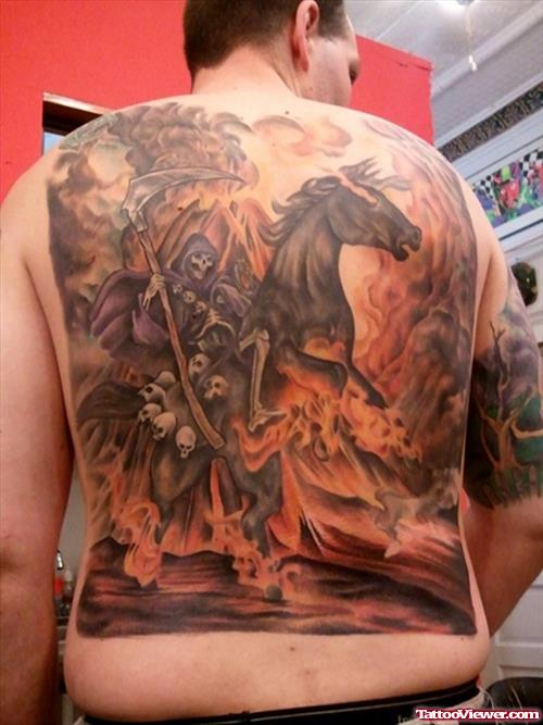 Colored Grim Reaper Tattoo On Back Body