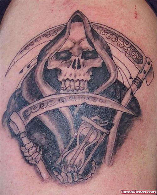 Awful Grey Ink Grim Reaper Tattoo On Shoulder