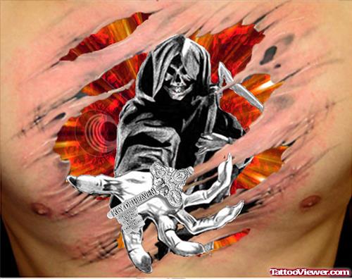 Awesome Colored Grim Reaper Tattoo On Chest