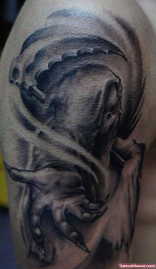 Inspiring Grey Ink Grim Reaper Tattoo On Right Half Sleeve