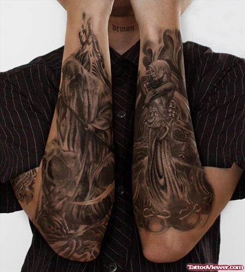 Grey Ink Grim Reaper Tattoos On Both Sleeves