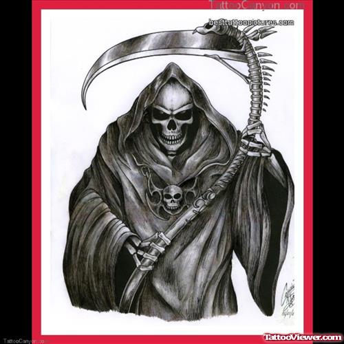 Black Ink Grim Reaper Tattoo Design For Men
