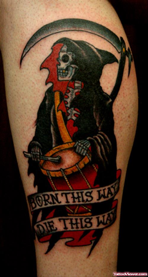 Amazing Colored Grim Reaper Tattoo On Sleeve