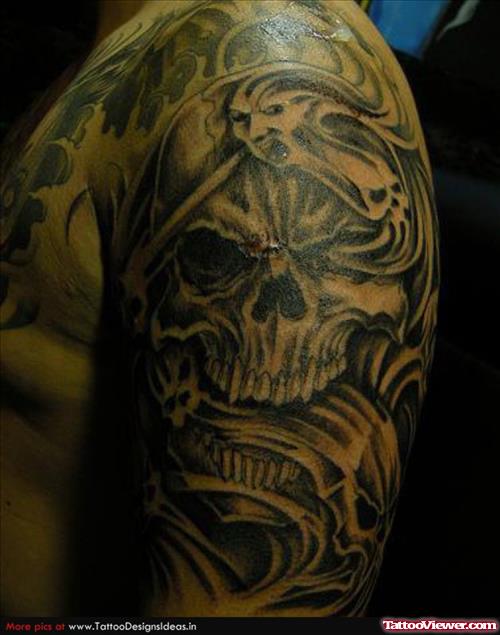 Unique Grey Ink Grim Reaper Tattoo On Left Half Sleeve