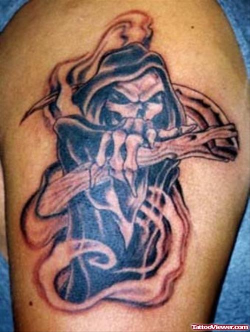 Grey Ink Shoulder Grim Reaper Tattoo