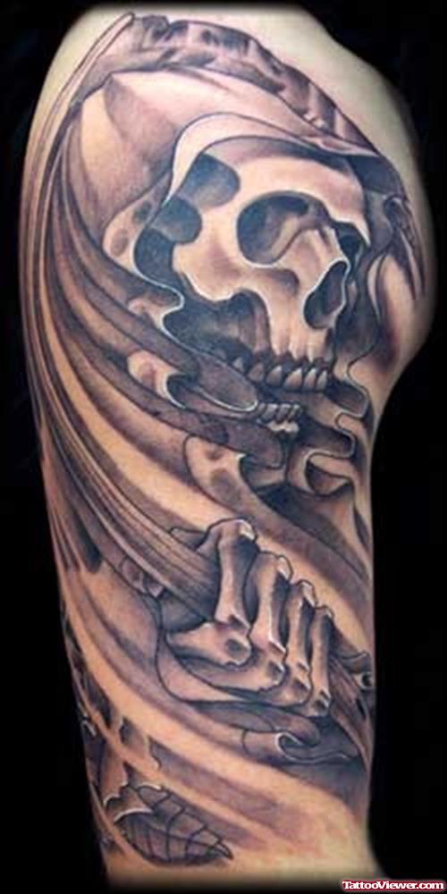 Grey Ink Scary Grim Reaper Tattoo On Half Sleeve