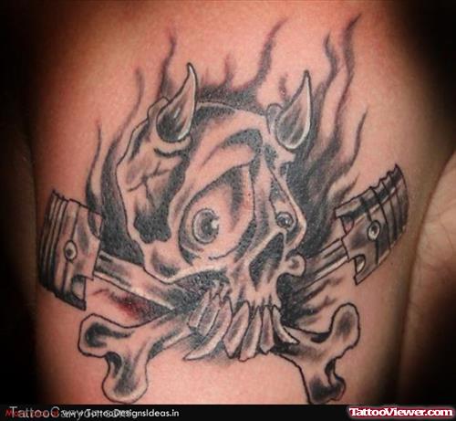 Grey Ink Grim Reaper Tattoo On Right Shoulder