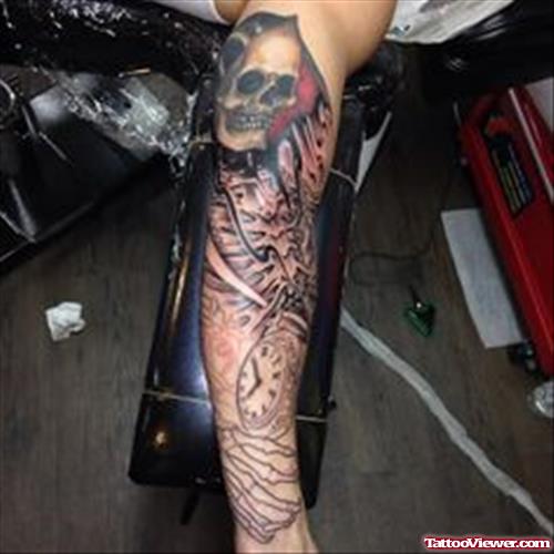 Grey Ink Grim Reaper Tattoo On Man Sleeve