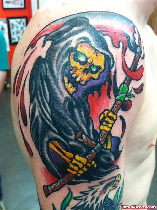 Colored Grim Reaper Tattoo On Right Half Sleeve