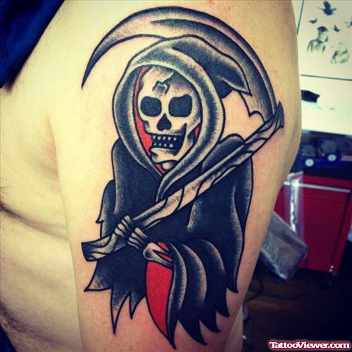 Black Ink Grim Reaper Tattoo On Man Left Half Sleeve