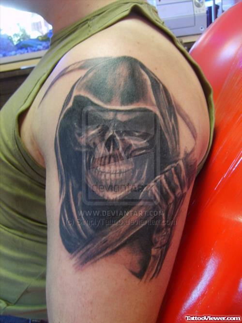 Beautiful Left SHoulder Grim Reaper Tattoo