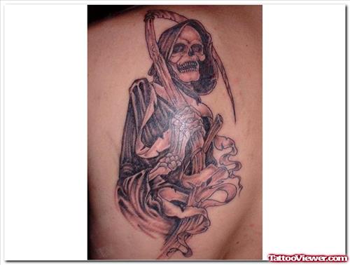 Beautiful Grey Ink Grim Reaper Tattoo On Back