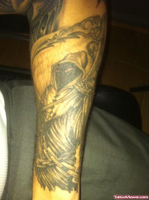 Amazing Grey Ink Grim Reaper Tattoo On Arm