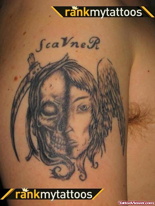 Winged Grim Reaper Girl Head Tattoo