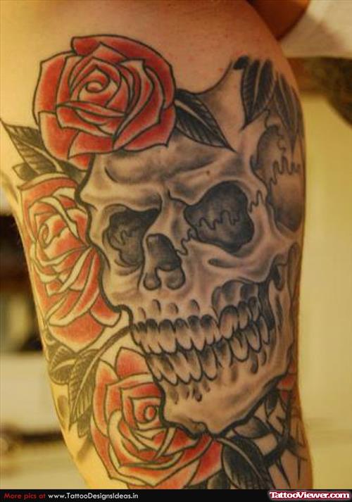 Red Roses And Grim Reaper Skull Tattoo