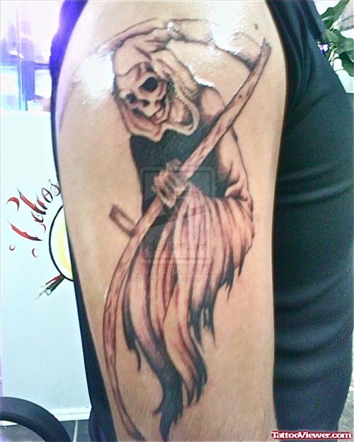 Grey Ink Grim Reaper Tattoo On Man Right Half Sleeve
