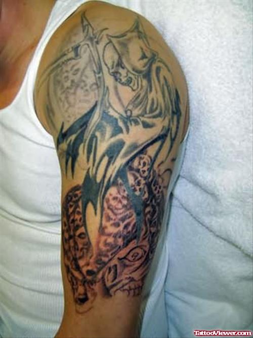 Man Left Half Sleeve Grim Reaper Tattoo