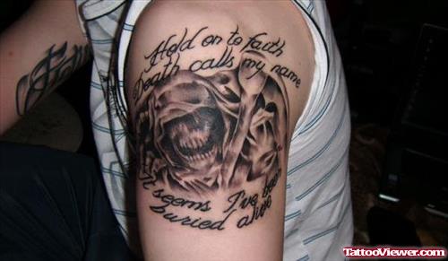 Grey Ink Grim Reaper Tattoo On Left Shoulder
