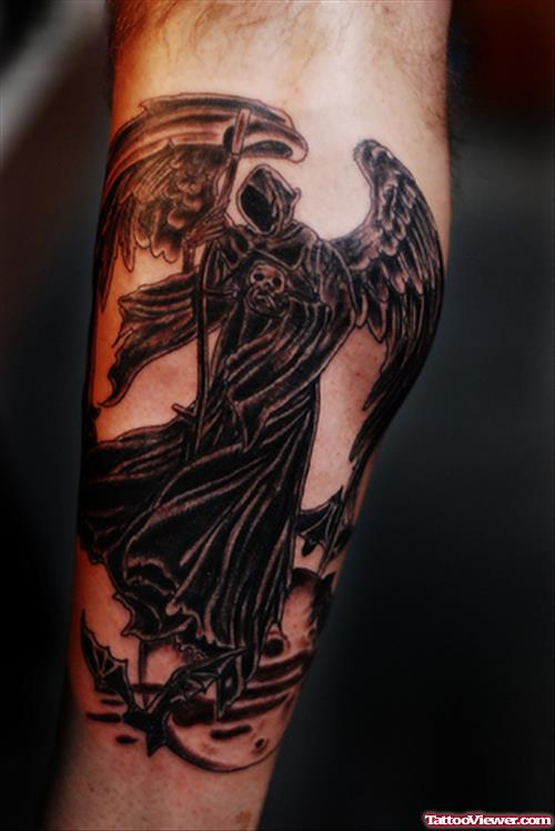 Good Black Ink Grim Reaper Tattoo On Sleeve