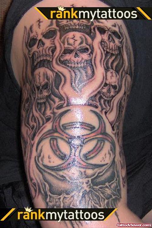 Extreme Grey Ink Grim Reaper Tattoo On Right Half Sleeve