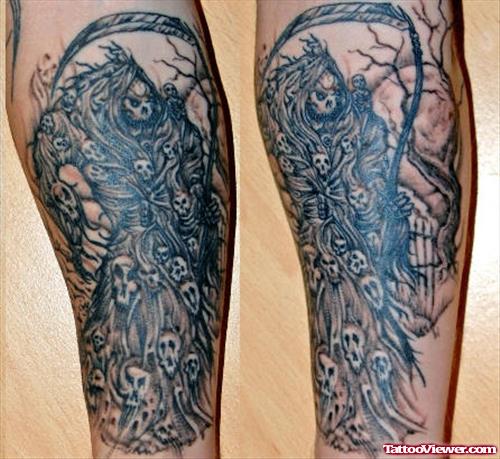 Dark Ink Grim Reaper Tattoo On Sleeve
