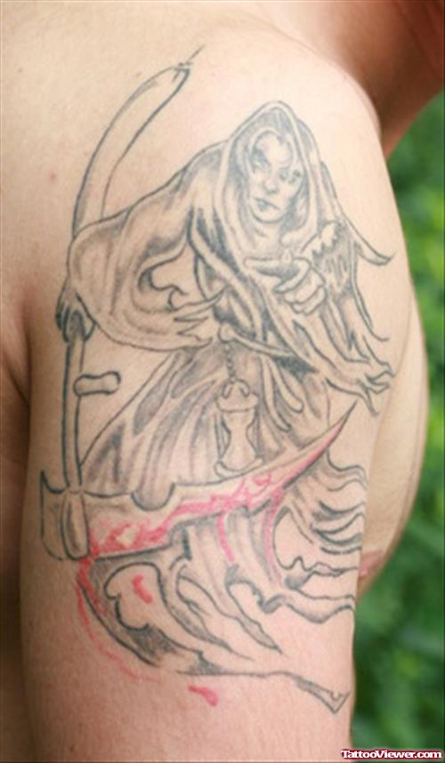 Cool Grey Ink Grim Reaper Tattoo On Right Half Sleeve