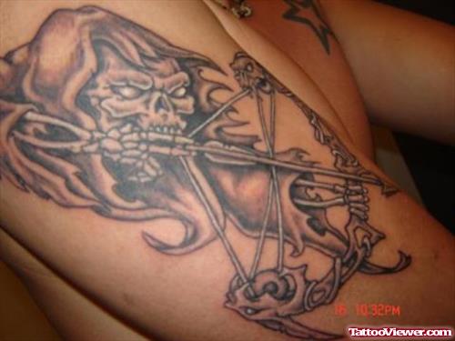 Best Grey Ink Grim Reaper Tattoo On Man Right Sleeve