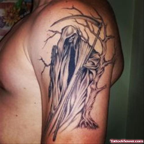 Best Grey Ink Grim Reaper Tattoo On Man Left Half Sleeve