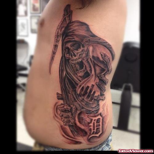 Awesome Grey Ink Grim Reaper Tattoo On Man Side Rib