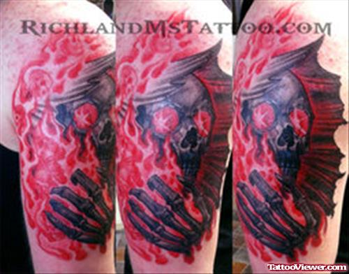 Awesome Colored Grim Reaper Tattoo On Half Sleeve
