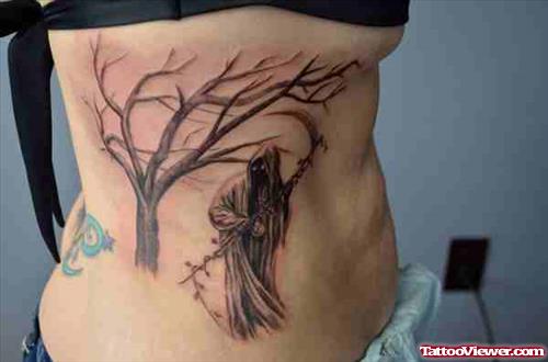 Amazing Grey Ink Grim Reaper Tattoo On Side