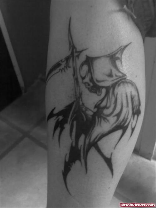Tribal Grim Reaper Tattoo On Leg