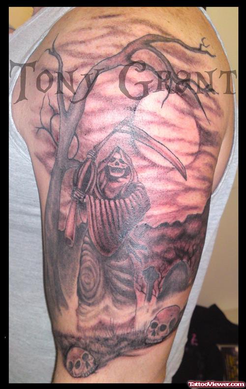Grim Reaper Tattoo On Left Half Sleeve